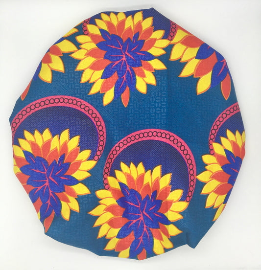Medium Satin-Lined Bonnet: Flower Print - Red, Yellow, Blue