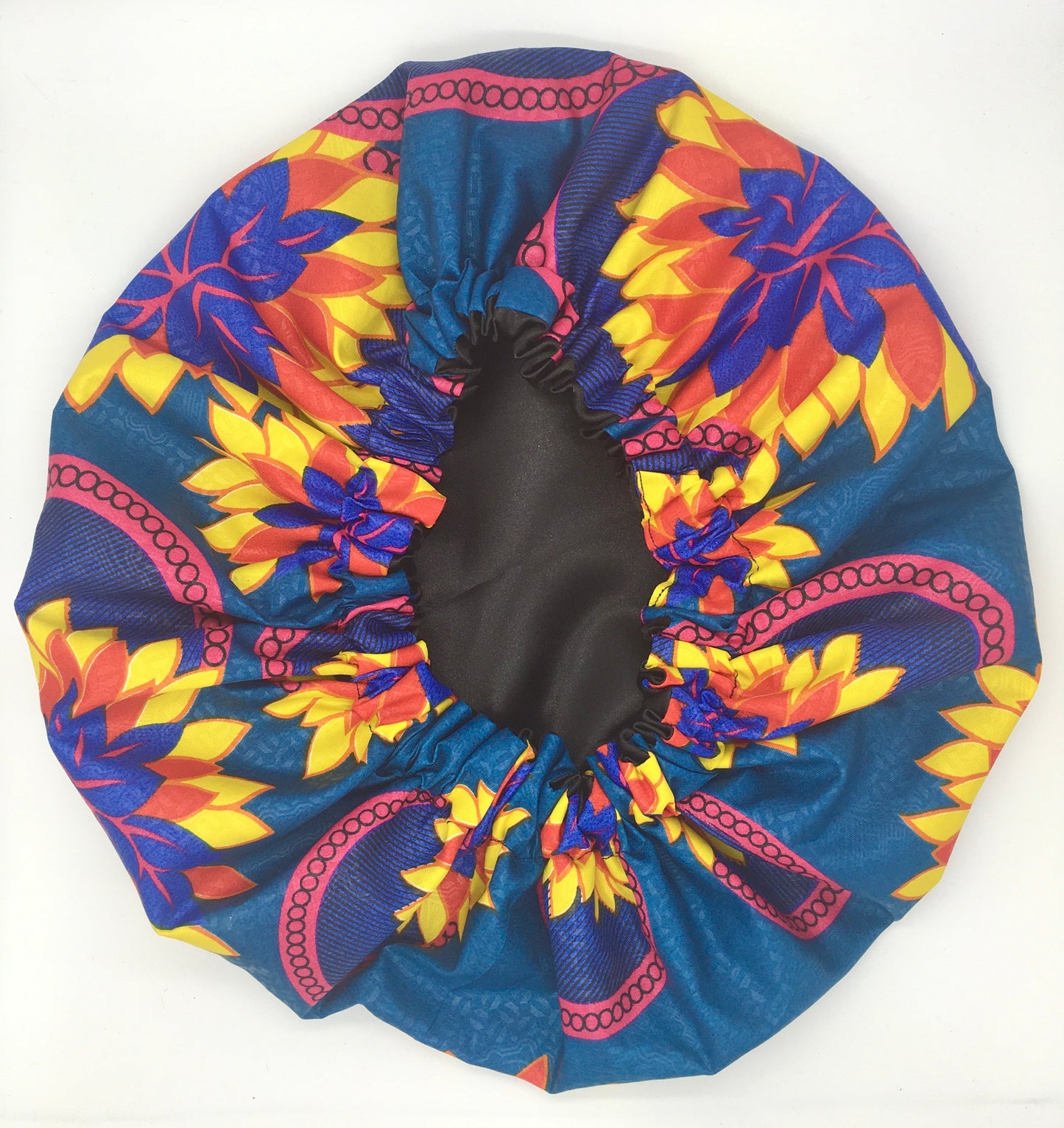 Medium Satin-Lined Bonnet: Flower Print - Red, Yellow, Blue