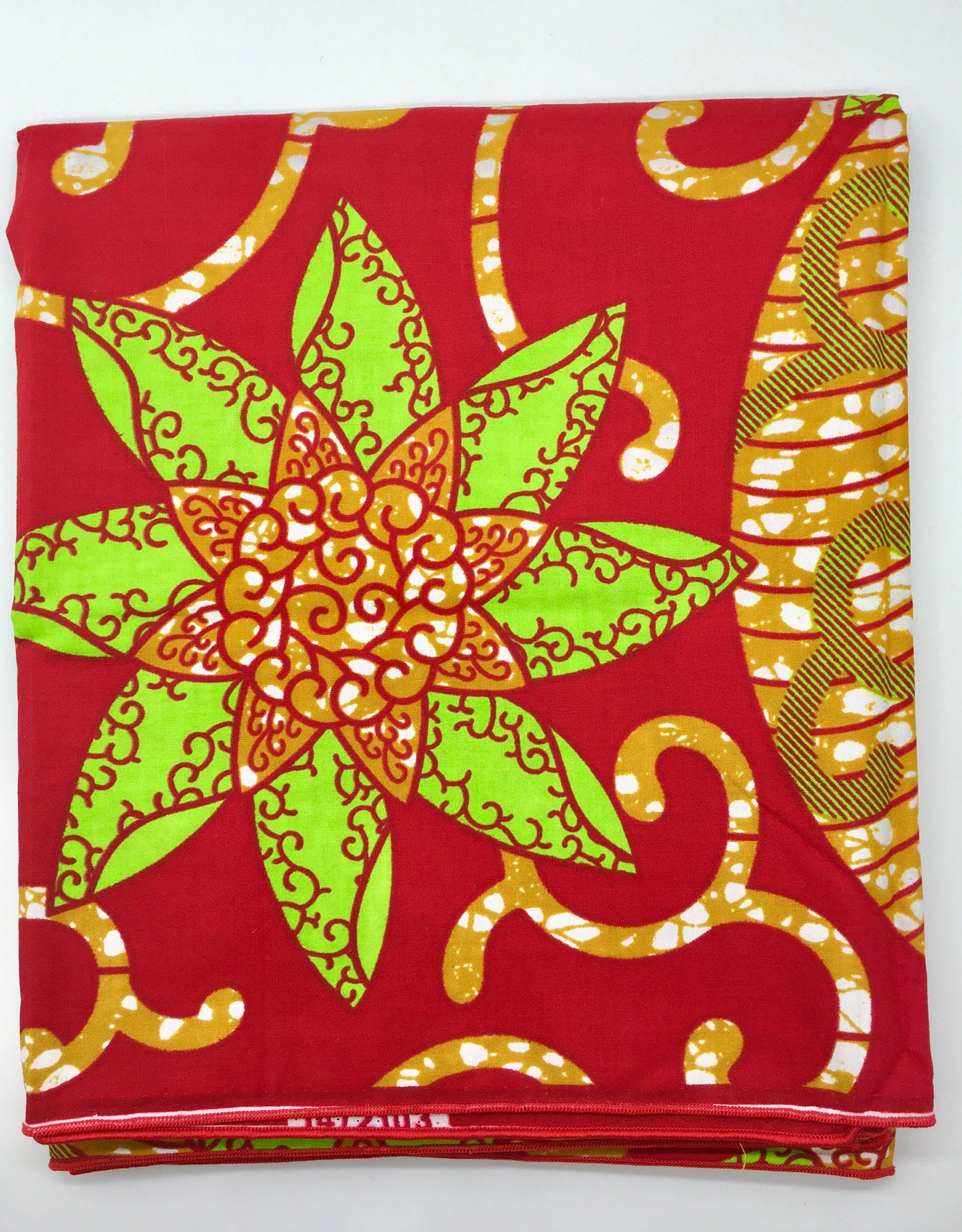 Head Wrap: Red, Lime Green, and Gold Flowers