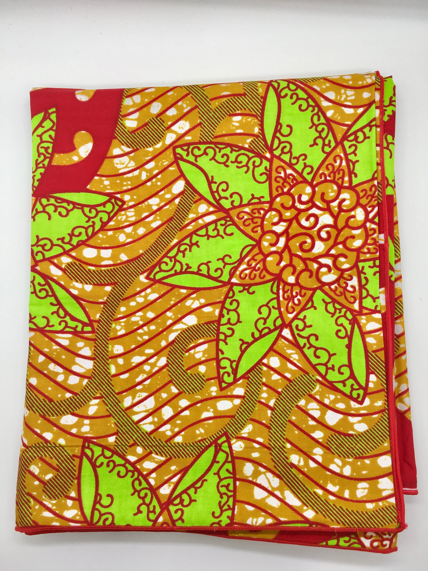 Head Wrap: Red, Lime Green, and Gold Flowers