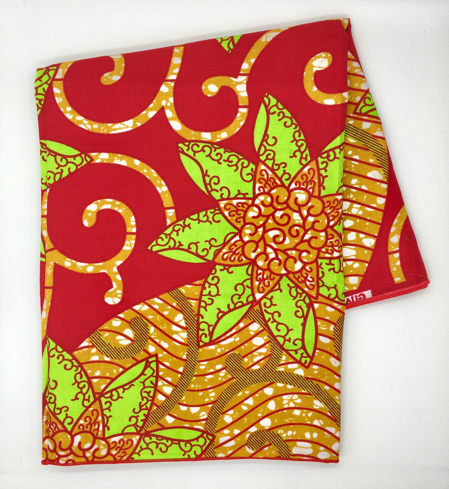 Head Wrap: Red, Lime Green, and Gold Flowers